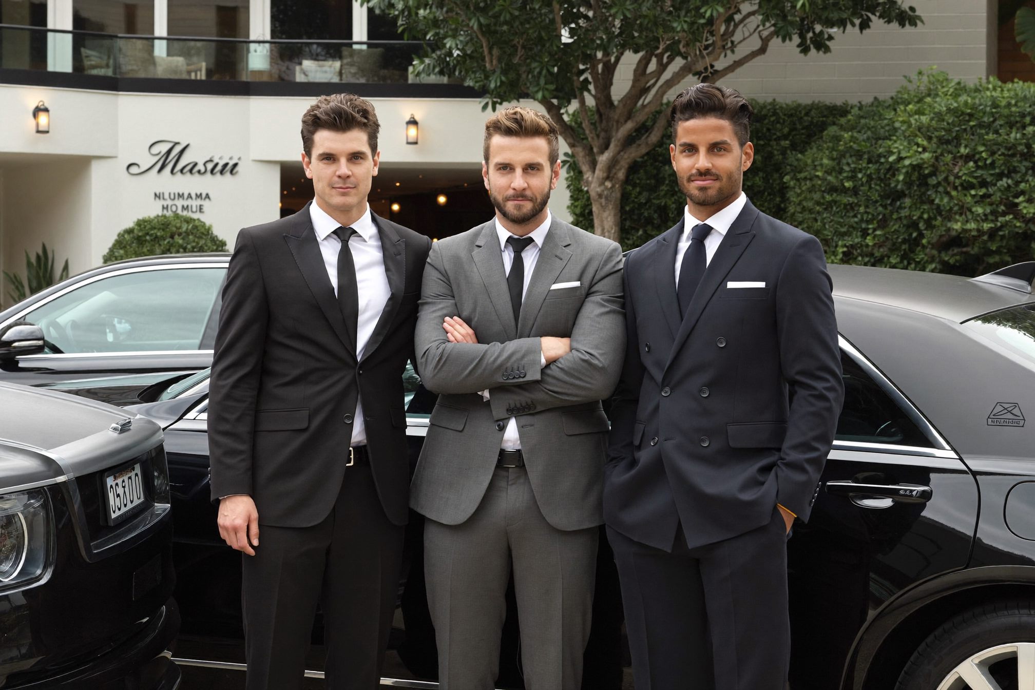 Premium Lane affiliate chauffeurs in black, gray, and dark blue suits beside black luxury vehicles