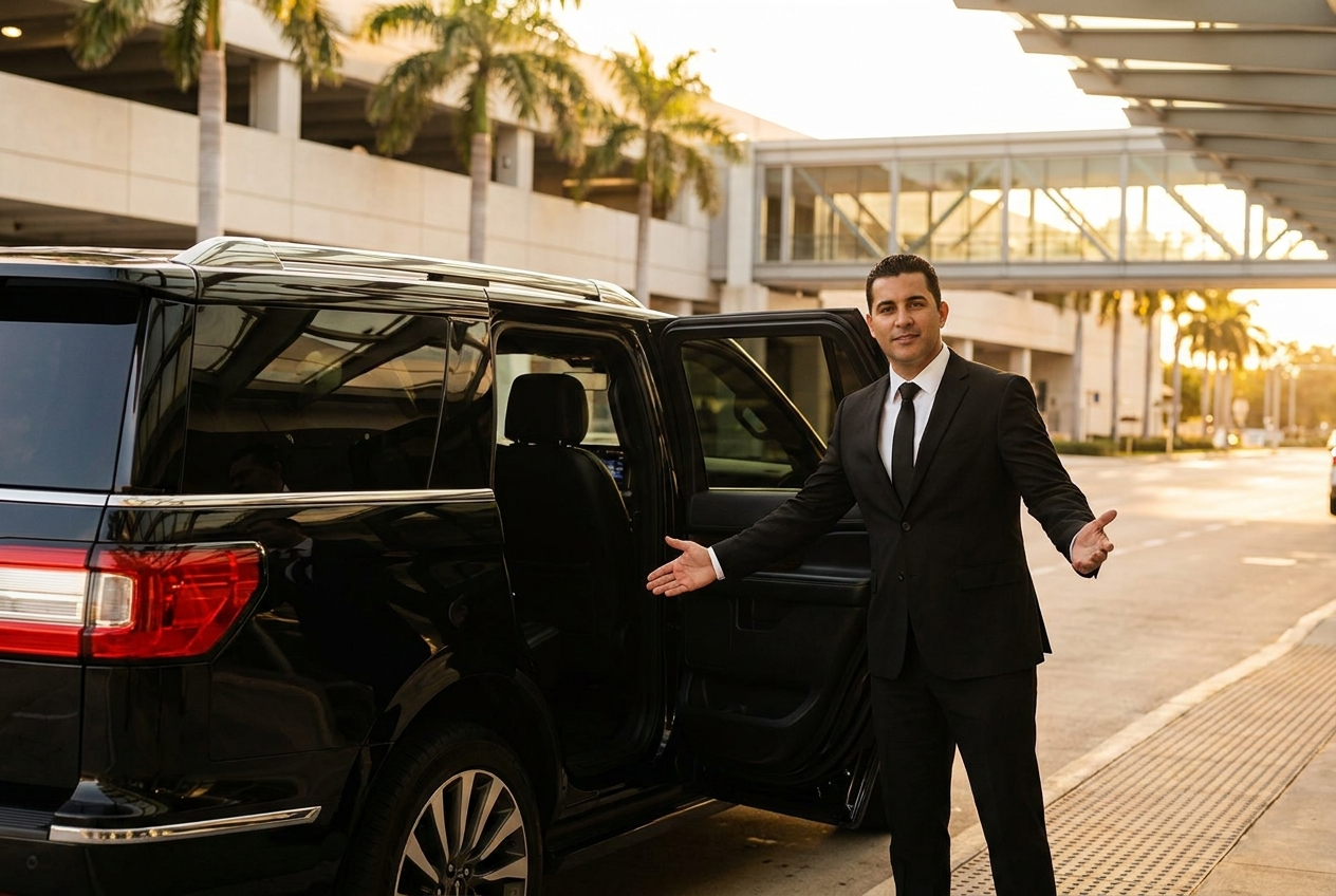 Chauffeur holding the rear door of a black SUV