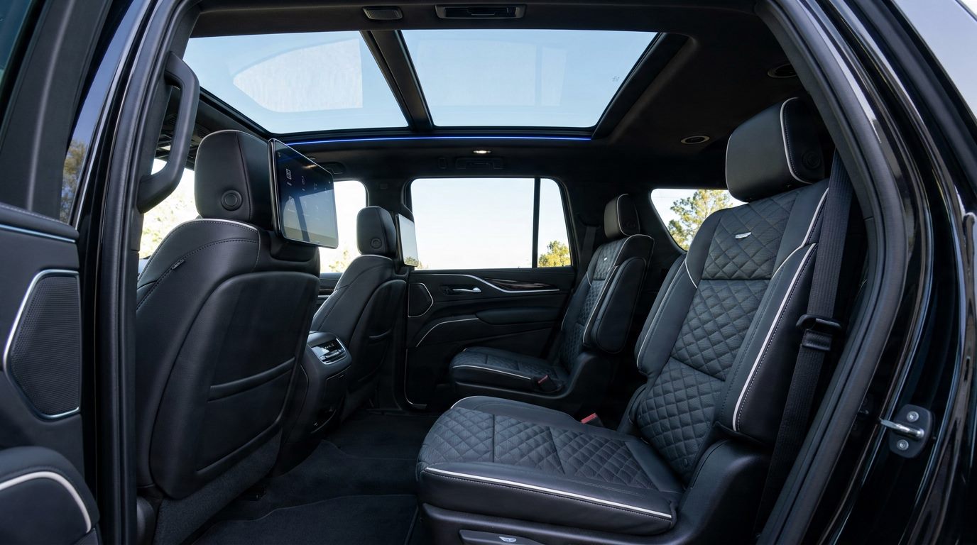 Rear cabin of a chauffeured Cadillac Escalade