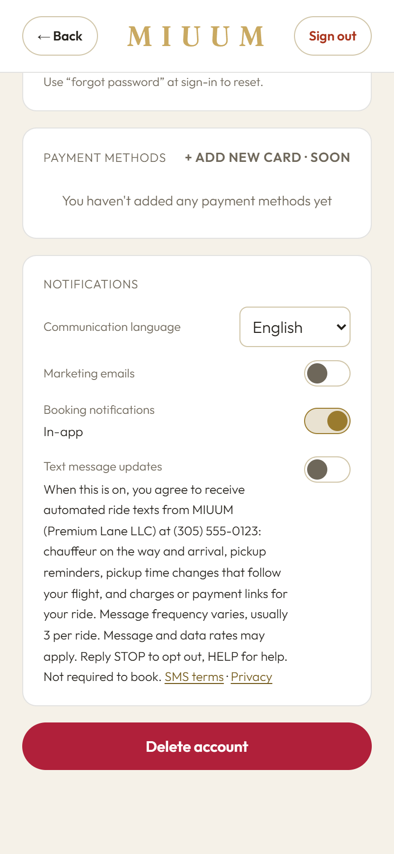 The Notifications section of a MIUUM account on miuum.com, with the Text message updates switch off and its disclosure.
