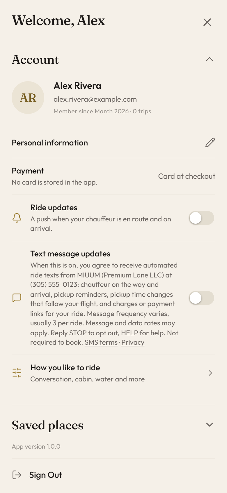 The MIUUM app Menu with the Text message updates switch off and its disclosure.