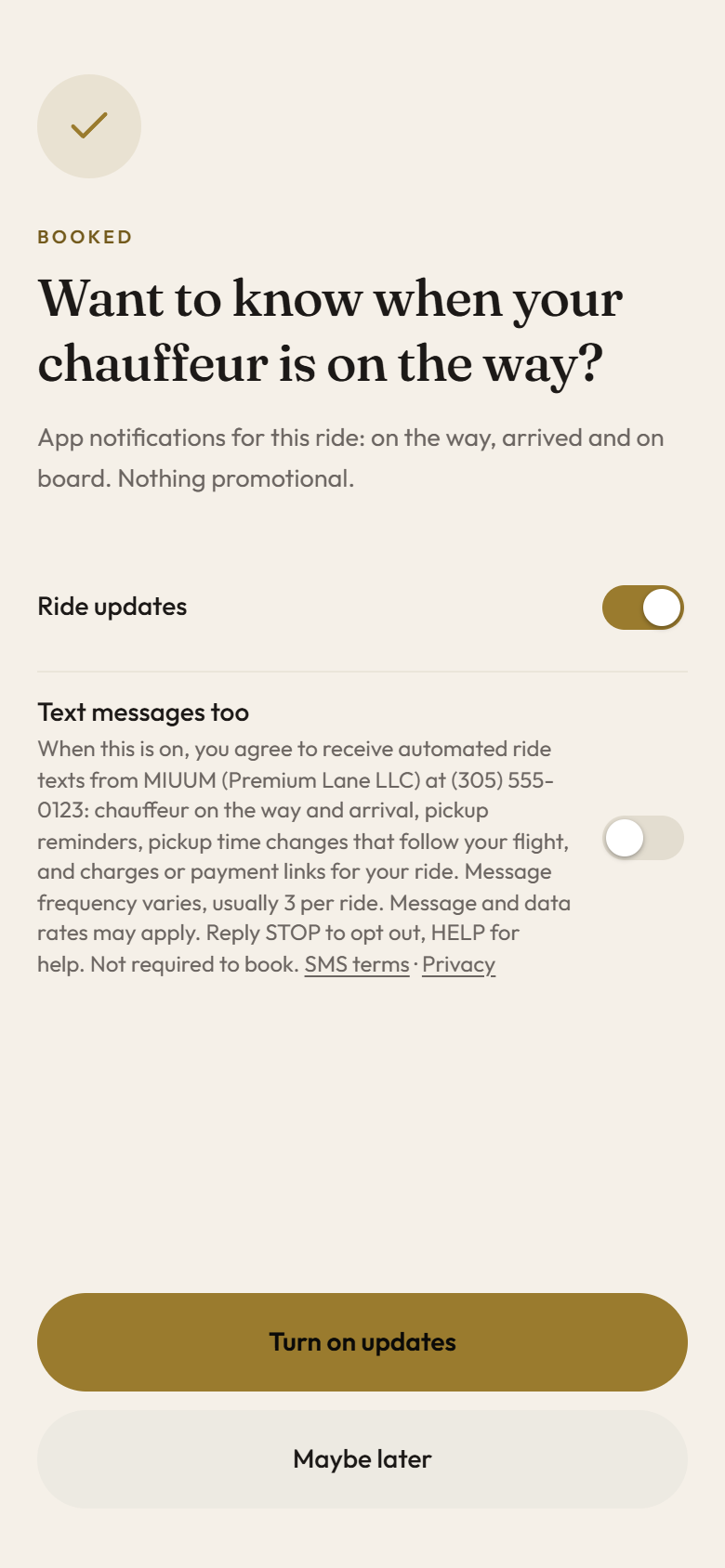 The MIUUM app screen shown after booking, with Text messages too off and its disclosure.