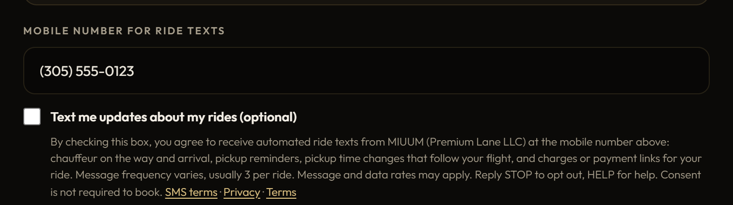 The Trip details step of MIUUM checkout on a computer: the Mobile number for ride texts field, then the unchecked box 'Text me updates about my rides (optional)' and its full disclosure.