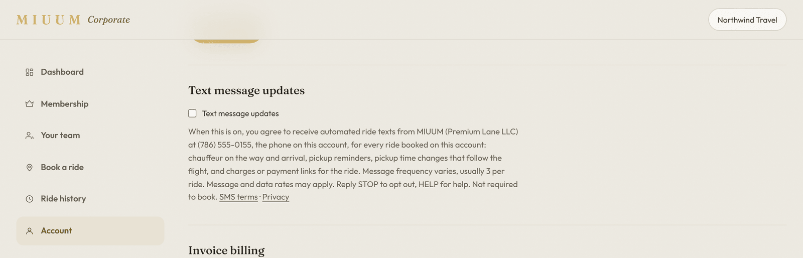 The Account section of the MIUUM corporate portal with the Text message updates switch off and its disclosure.