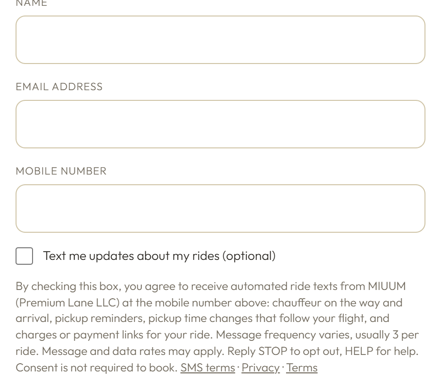 The MIUUM Create account form with Name, Email address and Mobile number fields, and under the mobile number the unchecked box 'Text me updates about my rides (optional)' with its full disclosure.